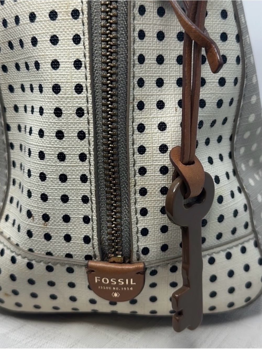 Fossil Beige Polka Dot Satchel with Brown Leather Trim - Picture 6 of 8